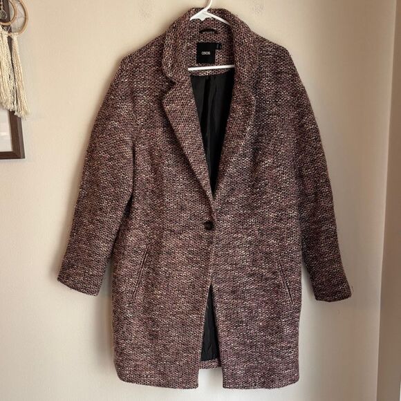 ASOS Tweed Wool Long pink black white oversized dress coat Teddy Jacket 10 EUC - Picture 1 of 9